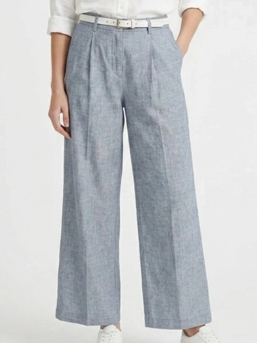 Lands' End High Rise Wide Leg 100% Linen Pleated Pants Size 12 Blue